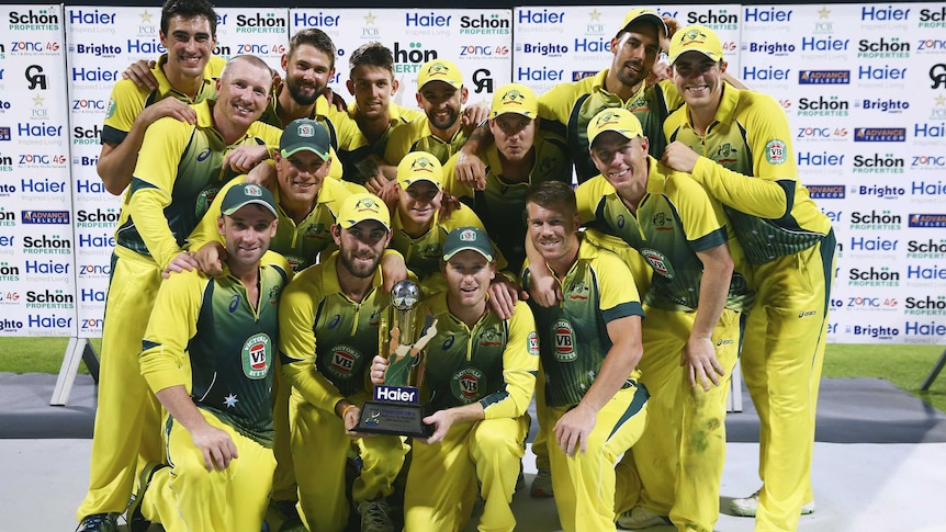Australia's ODI team celebrates with the trophy after sweeping Pakistan