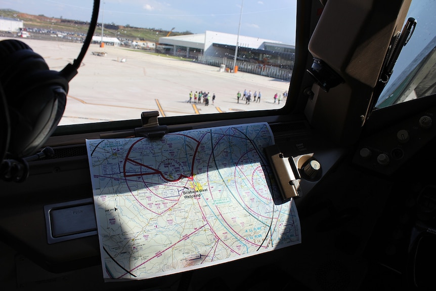 A map of the Darling Downs sits in the 747 cockpit