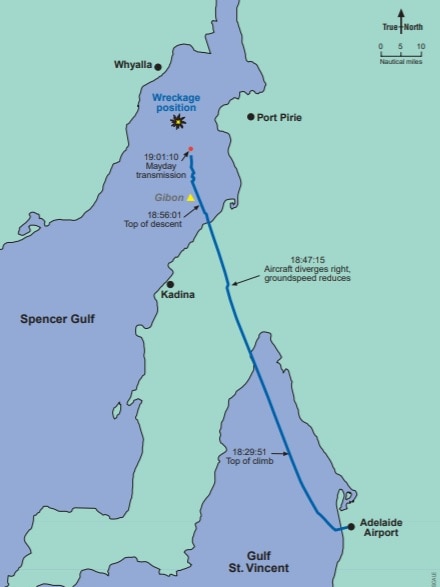 Map showing the final flight path of Whyalla Airlines Flight 904.