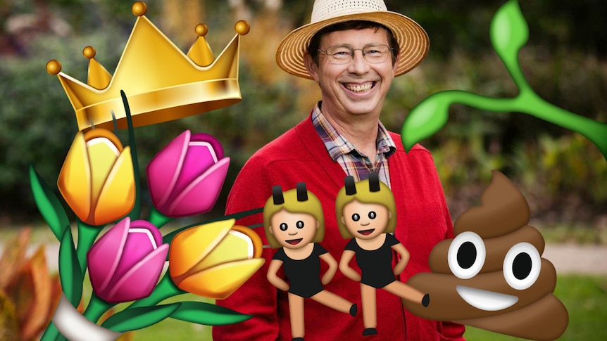 Jerry Coleby-Williams surround by flower, vine, dancing girl emoji,  illustrating our Gardening Australia episode recap.