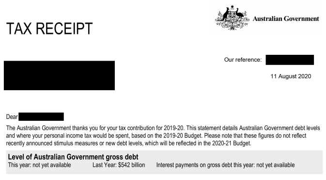 The 2020 tax receipt says the level of Government gross debt is "not yet available".