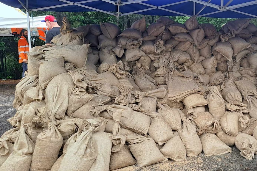 sandbags stacked up at the gosford ses in preparation for the heavy rainfall and potential flooding