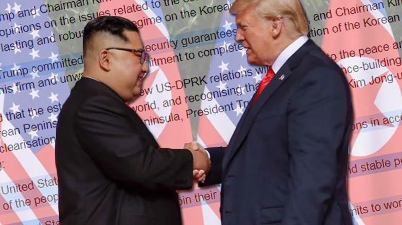 North Korea and United States flags with the North Korea US agreement overlayed