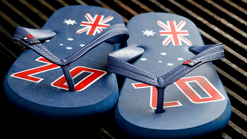 The Australian flag printed on a pair of thongs