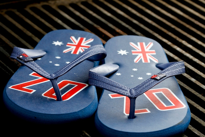 The Australian flag printed on a pair of thongs