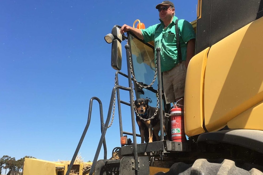 Man with one leg standing with his dog inside a tractor.