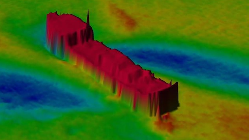 A sonar image of a shipwreck off the Pilbara coast.