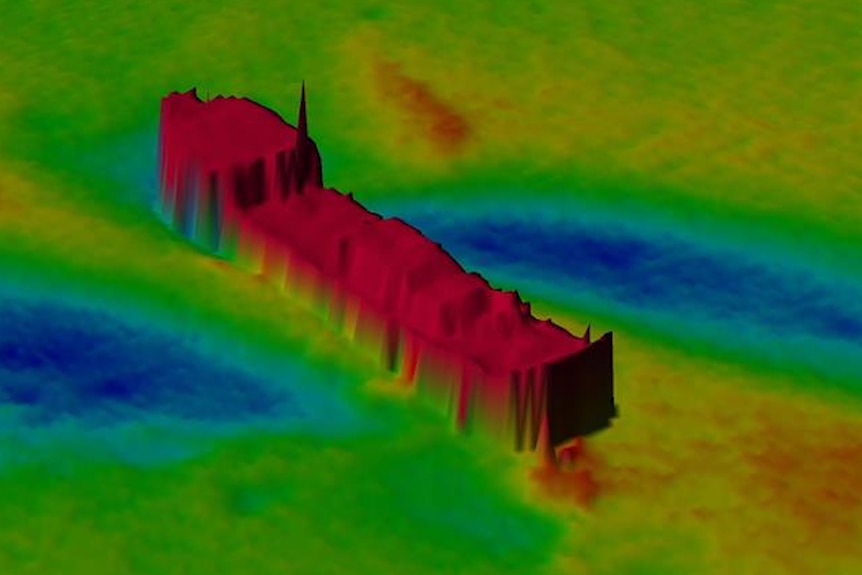 A sonar image of a shipwreck off the Pilbara coast.