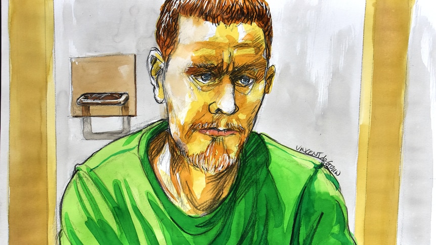 a court sketch of a man in a goatee