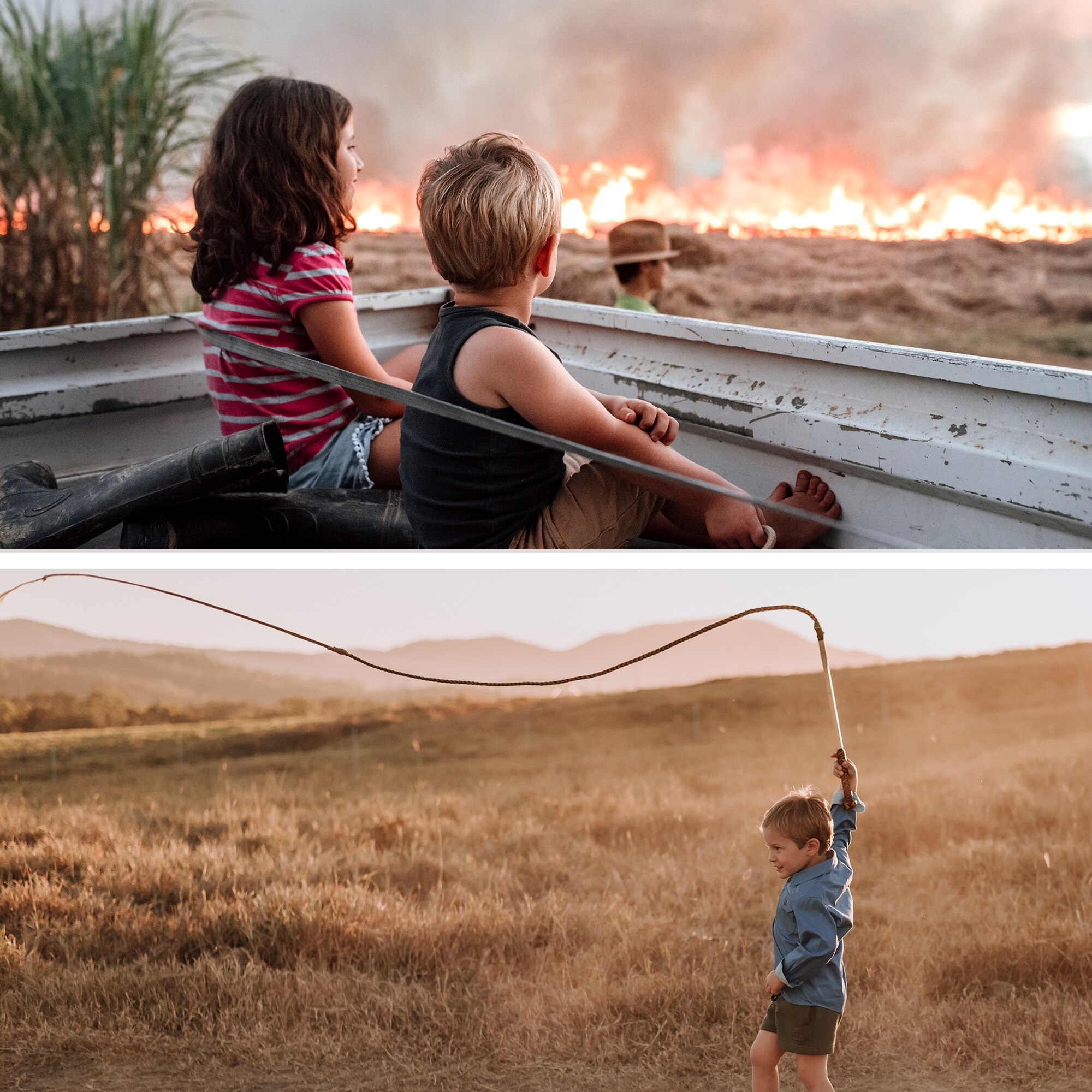 Children watching a fire from a ute try above an image of a boy cracking a whip in a dry paddock