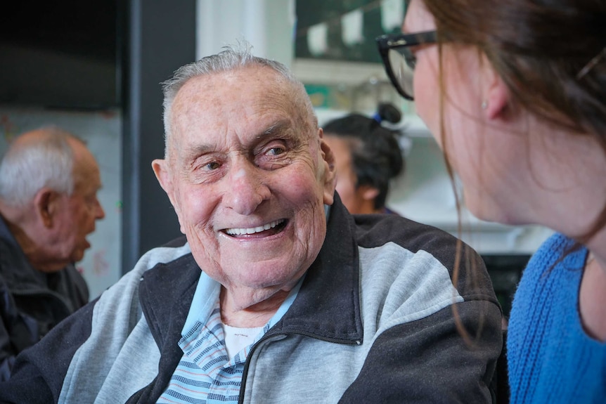 Neville Tucker, 91, looking at Hannah.