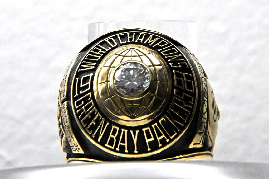 A close-up photo of the 1966 Super Bowl ring won by the Green Bay Packers.