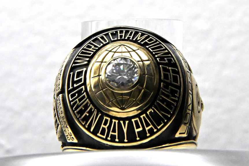 A close-up photo of the 1966 Super Bowl ring won by the Green Bay Packers.