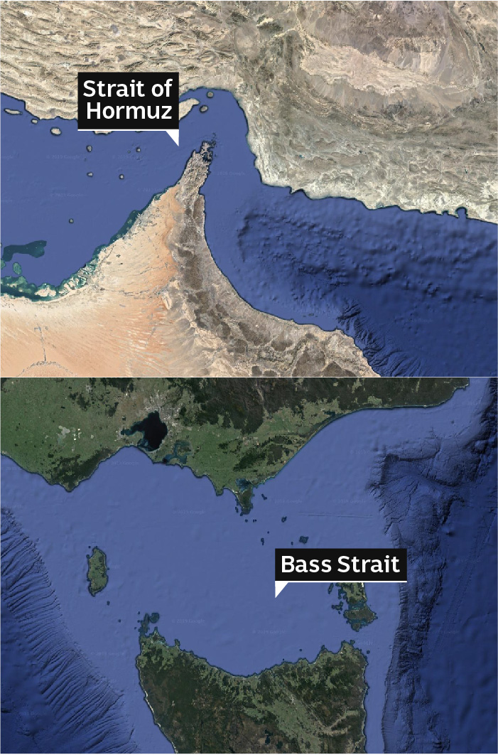 Satellite images of Strait of Hormuz and Bass Strait showing the difference in distance between land.
