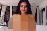 A pixellated image shows a woman's face digitally edited onto another woman's body in pornographic scene.