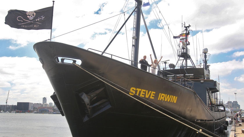 Terri Irwin and Paul Watson pose on the newly named Sea Shepherd ship Steve Irwin