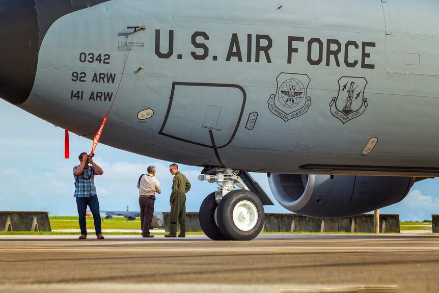 A Boeing KC-135 Stratotanker air-to-air refuelling aircraft at USAF Andersen air base on Guam.