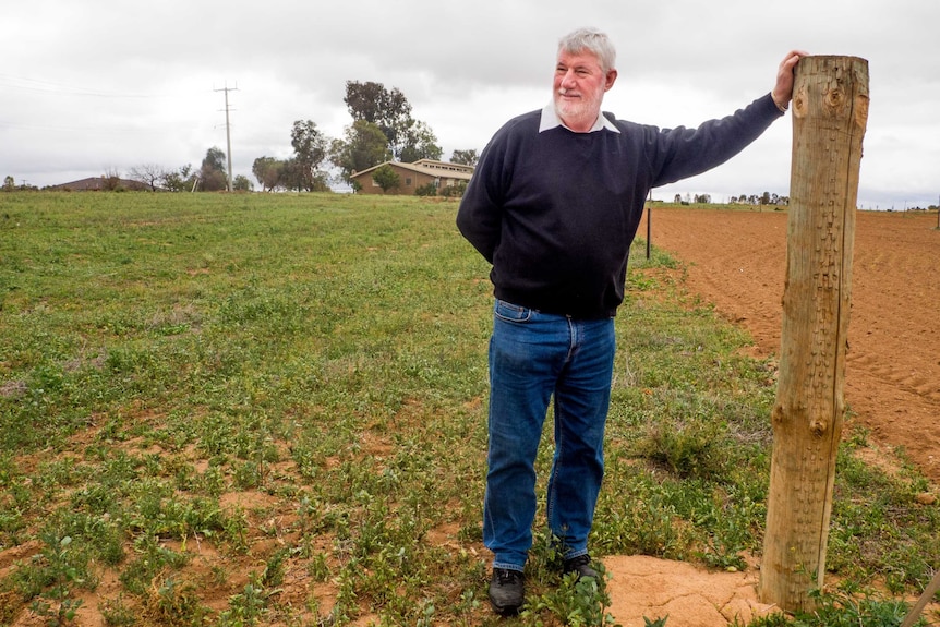 A man stands near a wooden pole on some vacant rural land.