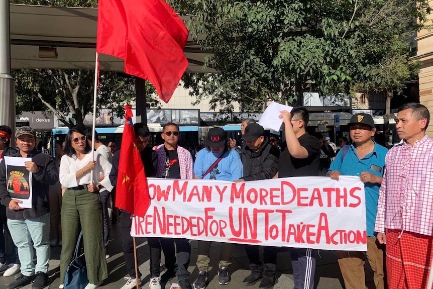 Members of CRPH/NUG, an Australian support group advocating for the rights of people within Myanmar, demonstrate in Sydney