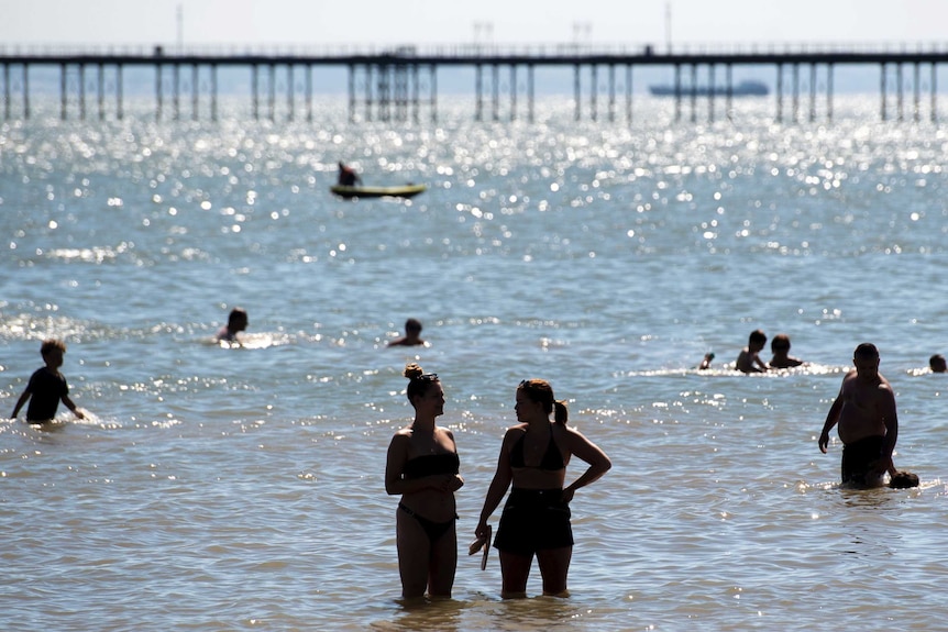 Two women in the foreground in knee-deep water as other bathers frolic, with a peer in the background.