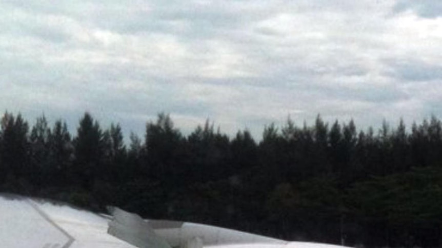 A damaged wing on the Qantas A380 plane.