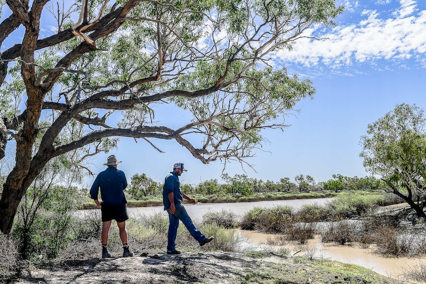 Left Chris Oldfield and his brother Craig Oldfield stand under a Coolabah tree on the banks of the Warburton Creek.