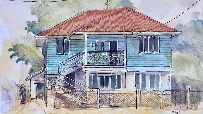 picture of a blue house sketched on paper