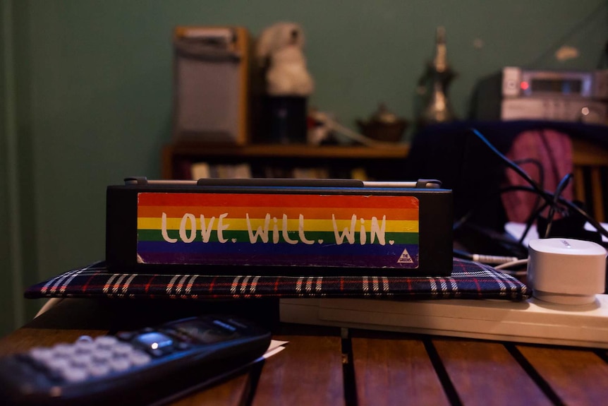 A love wins sticker in the home of Greens Senator Janet Rice.