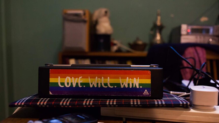 A love wins sticker in the home of Greens Senator Janet Rice.