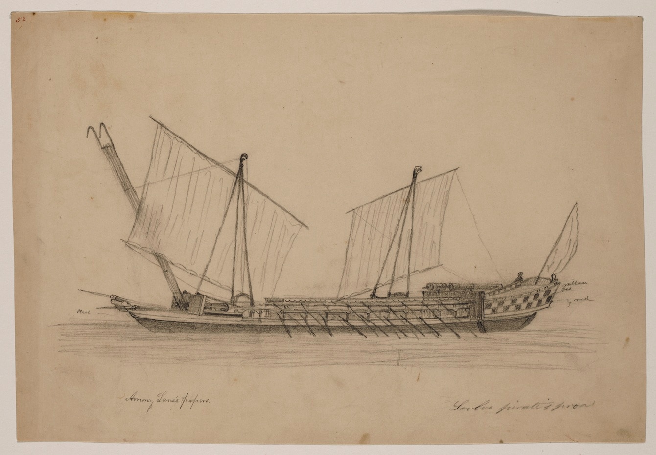 A sketch of a long wooden ship with oars, big sails, and a boarding plank.