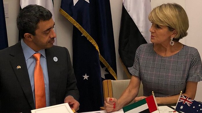 Julie Bishop and Sheikh Abdullah bin Zayed bin Sultan Al Nahyan sit side-by-side at a table in front of numerous flags.