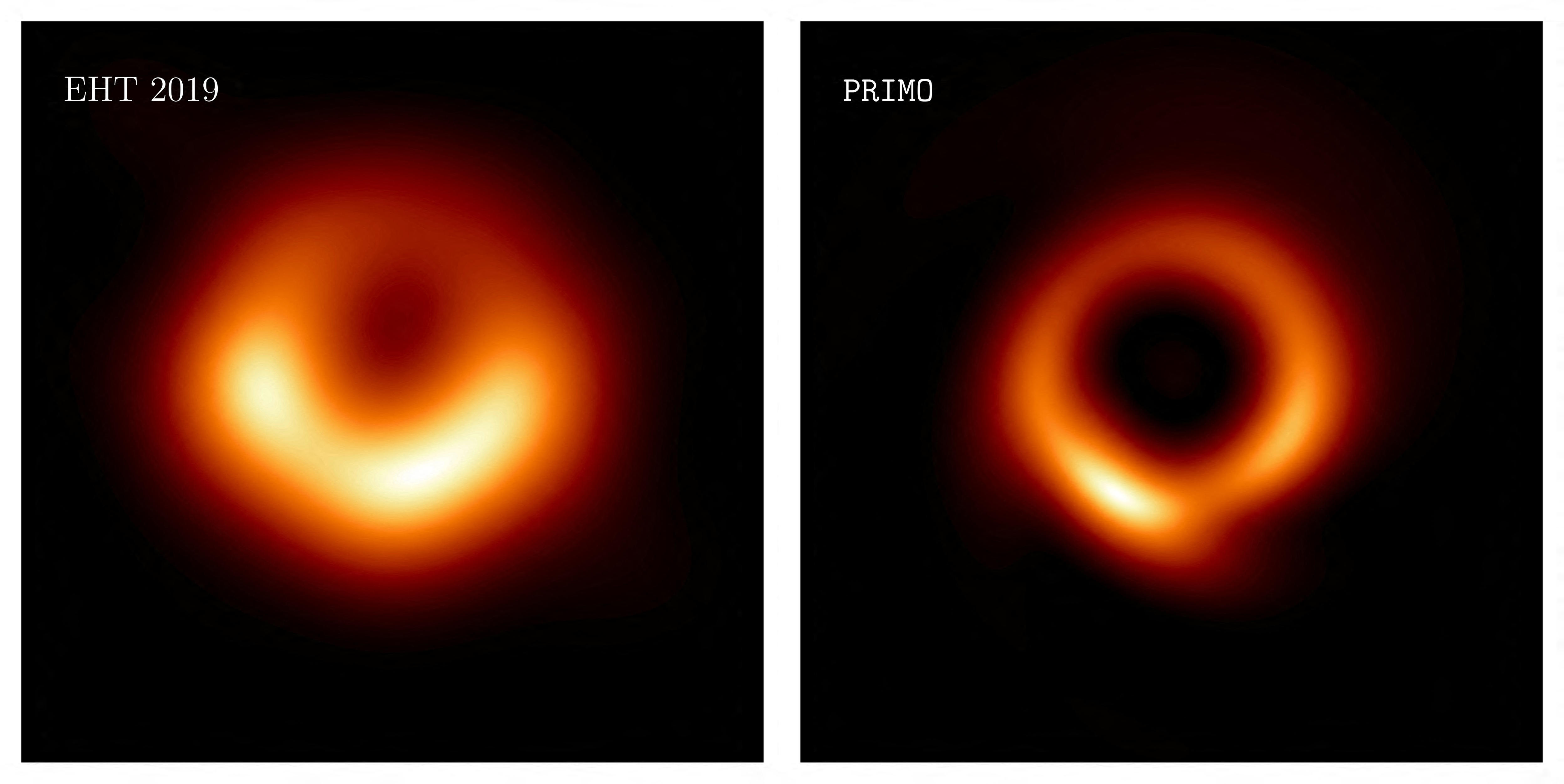 Two images of the same black hole side byy side, glowing orange in deep space.