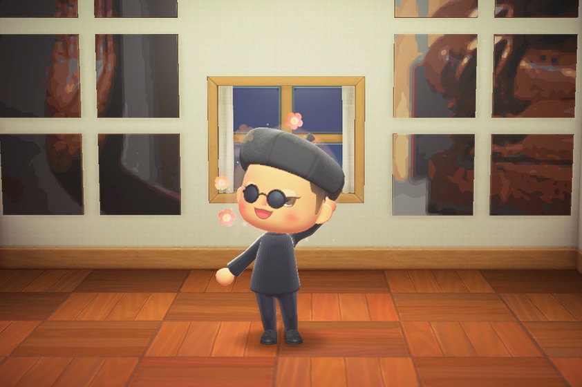 A screenshot from the game Animal Crossing with a young character in a beret standing in front of art in a gallery