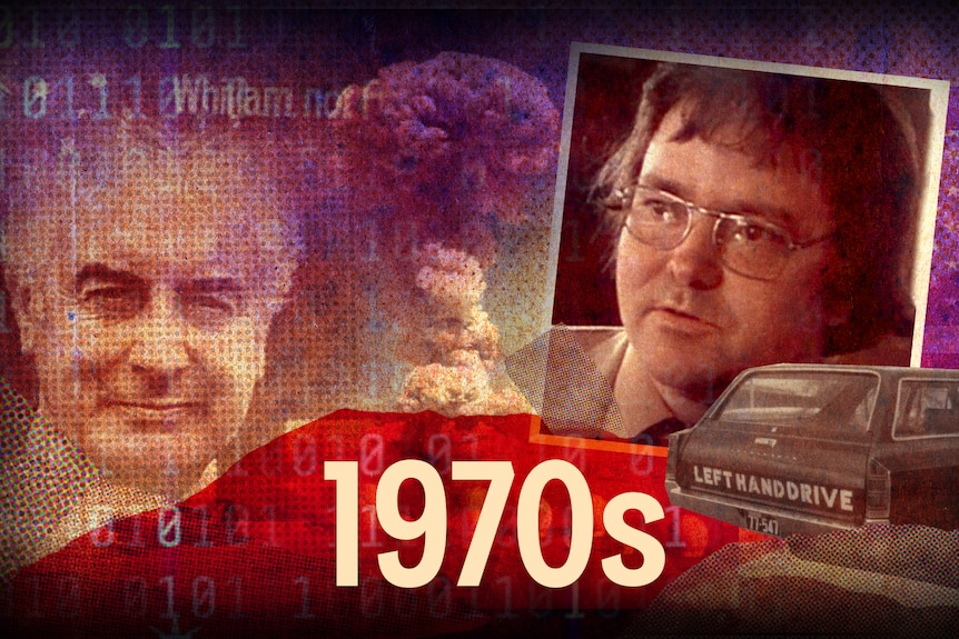 A composite image depicting certain scenes from the 1970s, including a mushroom cloud and Gough Whitlam.