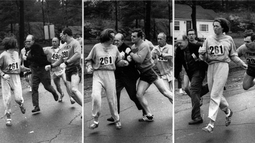 Jock Semple attempts to pull Kathrine Switzer off the Boston Marathon course