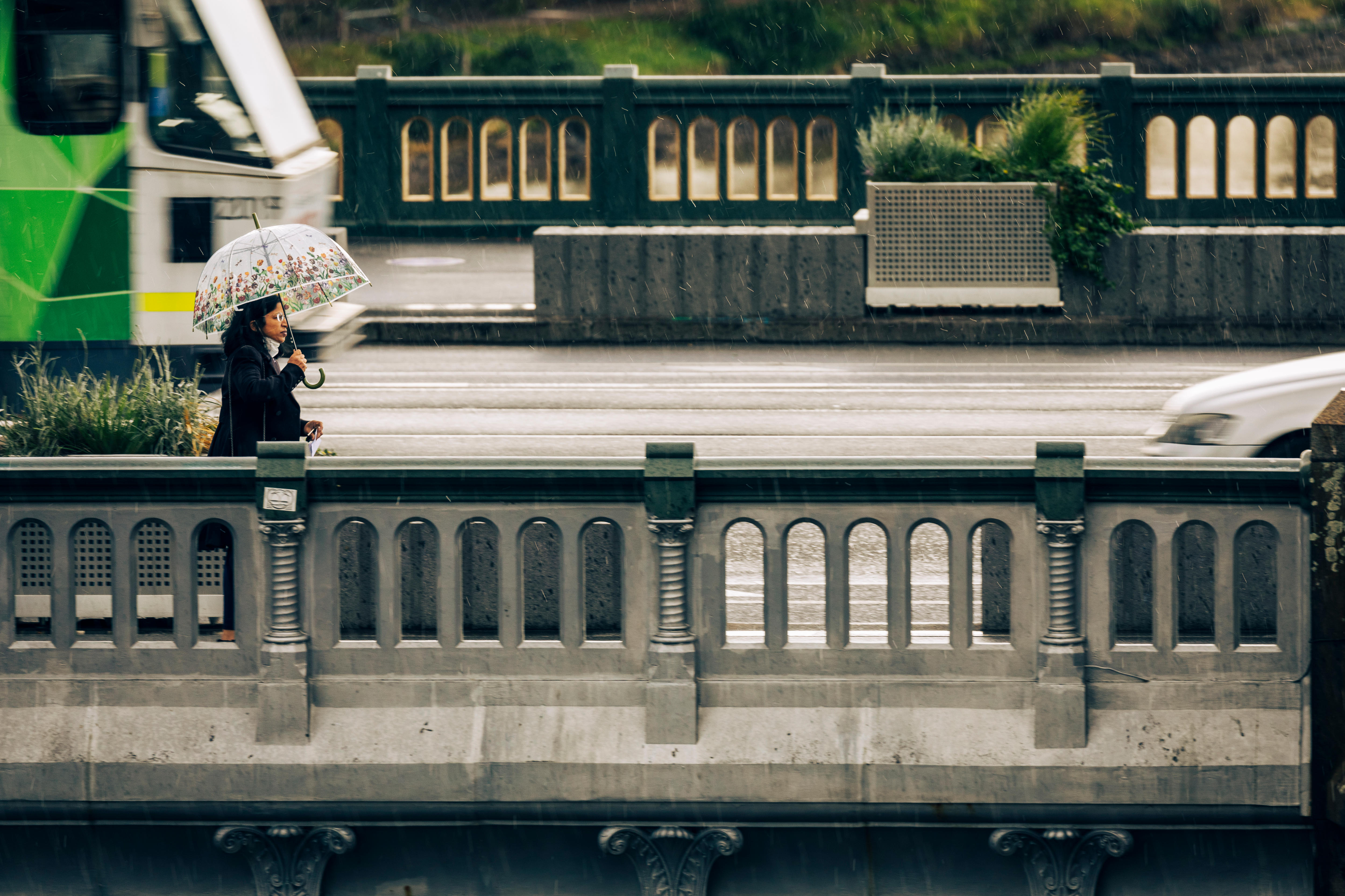 Woman holding umbrella crosses Melbourne's Princes Bridge on a rainy day as a tram and car cross