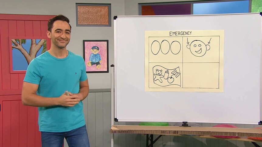 Matt standing next to a whiteboard with a sheet of paper with "Emergency" written on the top with a grid containing images.