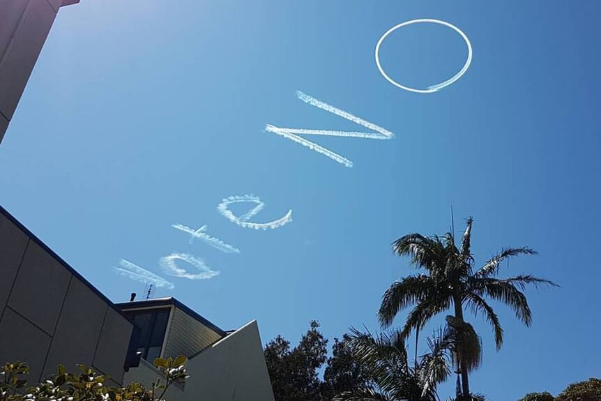 "Vote No" is scrawled across the sky in Sydney.