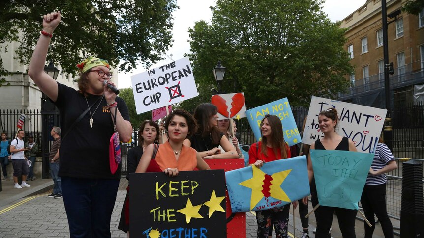 A small group of Anti-Brexit protesters protest opposite Downing Street holding posters