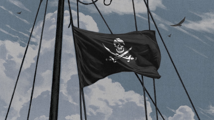 Illustration of a black and white pirate flag flying against a blue sky