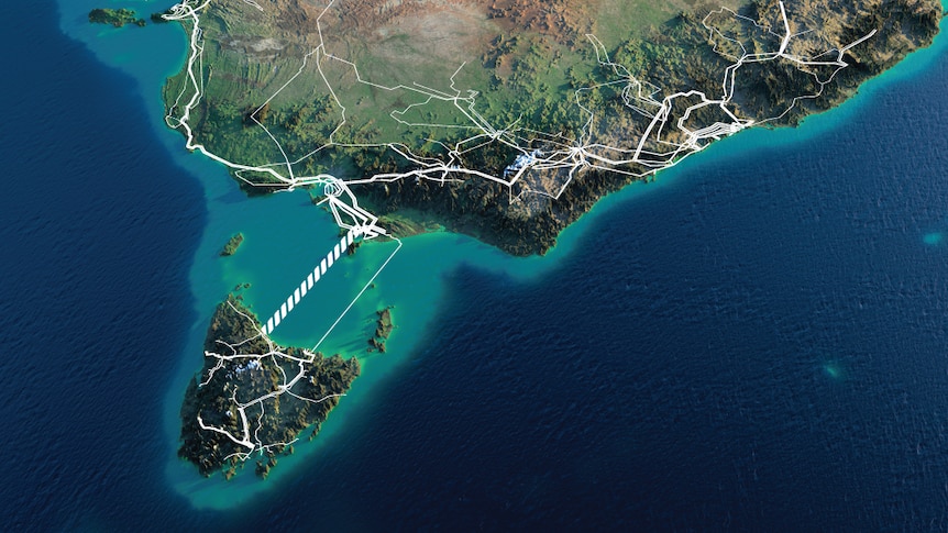 A stylised 3D graphic showing a dotted line connecting Tasmania and Victoria.