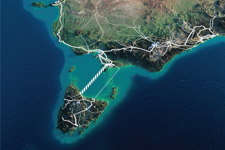 A stylised 3D graphic showing a dotted line connecting Tasmania and Victoria.