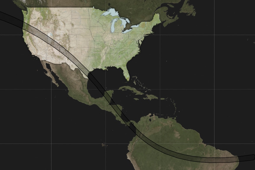 A map showing the annular eclipse path tracking across parts of the US and South America