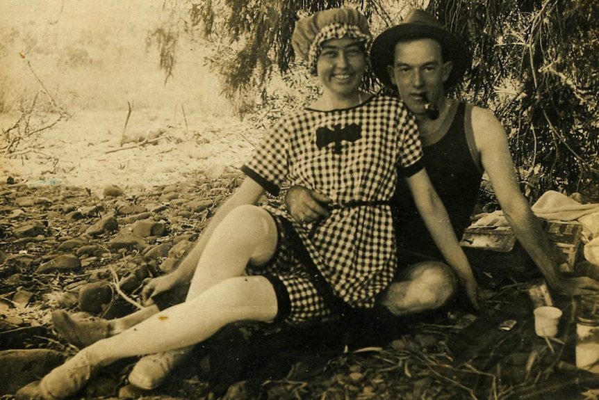 Desley Brkic's grandparents Nel and Cliff Franklin pose for a photograph in their bathing suits.