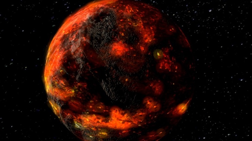 An artist's impression of what the lunar magma ocean may have looked like shortly after the formation of the moon.