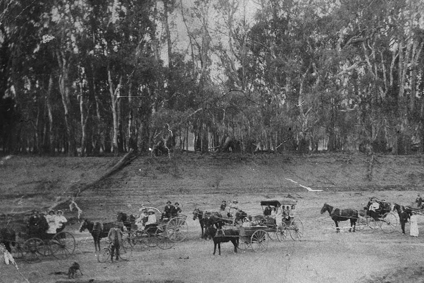 Horses and carriages in a dry river bed