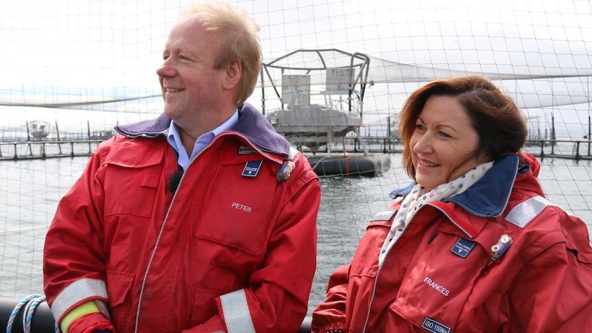 A man and a woman stand on a boat looking out to sea