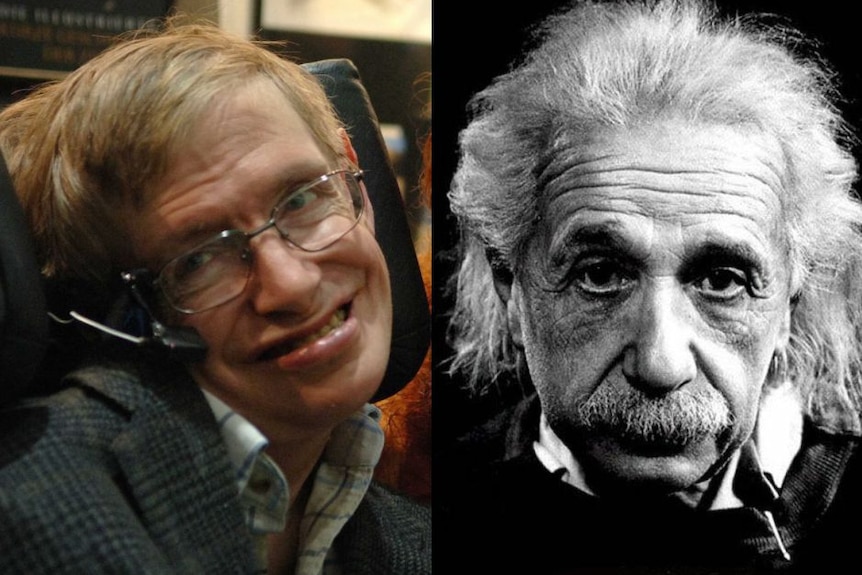 A composite image of Stephen Hawking and Albert Einstein.
