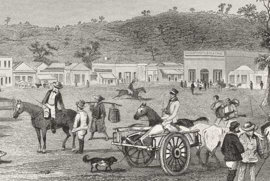 Black and white drawing of Castlemaine square in 1855 showing men on horseback, horsedrawn cart and street life.