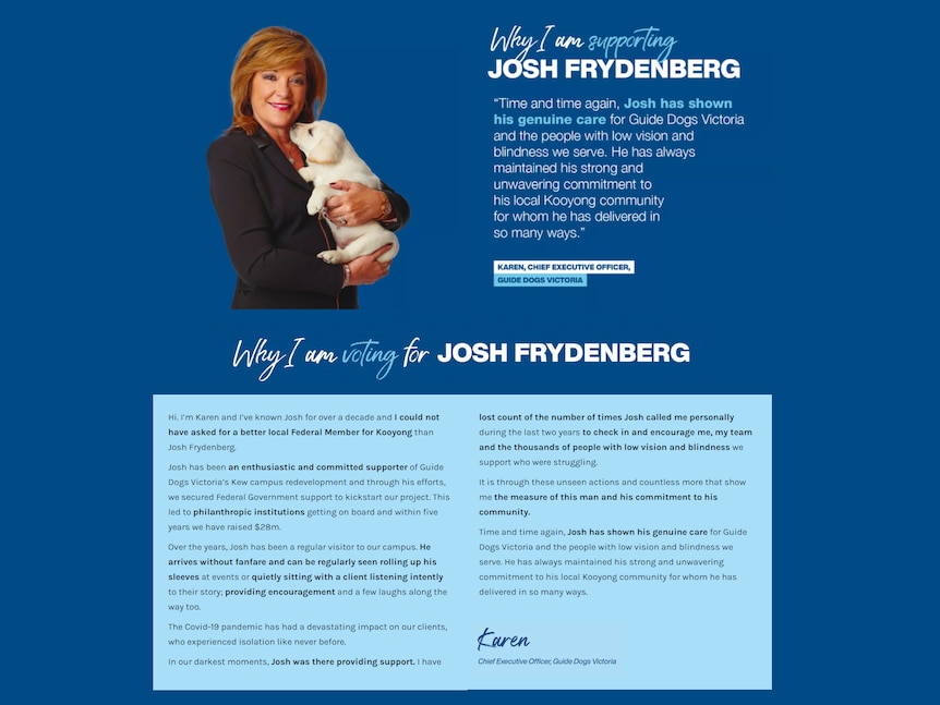 A blue flyer featuring a woman holding a puppy with text outlining her endorsement of politician Josh Frydenberg.